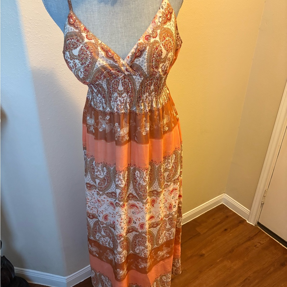 Bohemian Paisley Maxi Dress in Orange and Brown. Necklace included